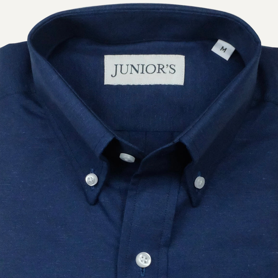 Navy Cotton & Linen Button-Down Sport Shirt